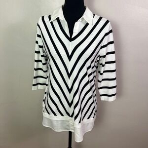 Chicos Black White Striped Layered Look Sweater Collared Shirt 3/4 Sleeve Size M